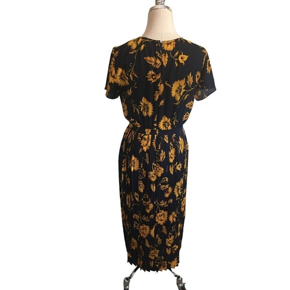 J Crew Dress Women's Size 4 Black Yellow Floral Short Sleeve Pleated Skirt - Picture 6 of 8